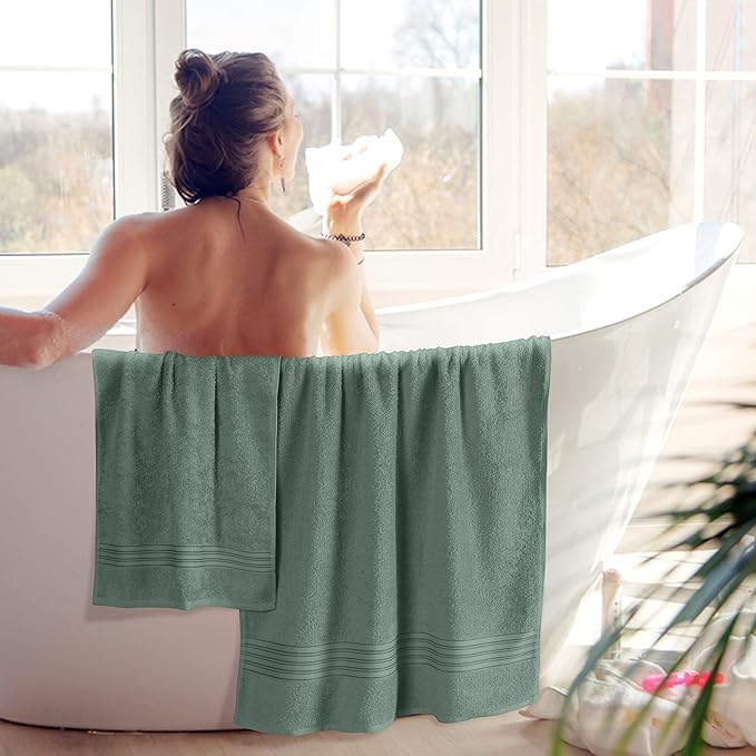 BOUTIQUO 6 Pack Cotton Towel Set, Contains 2 Bath Towels 28x55 inch, 2 Hand Towels 16x24 inch & 2 Wash Coths 12x12 inch, Ideal Everyday use, Ultra Soft Compact & Lightweight - Jade