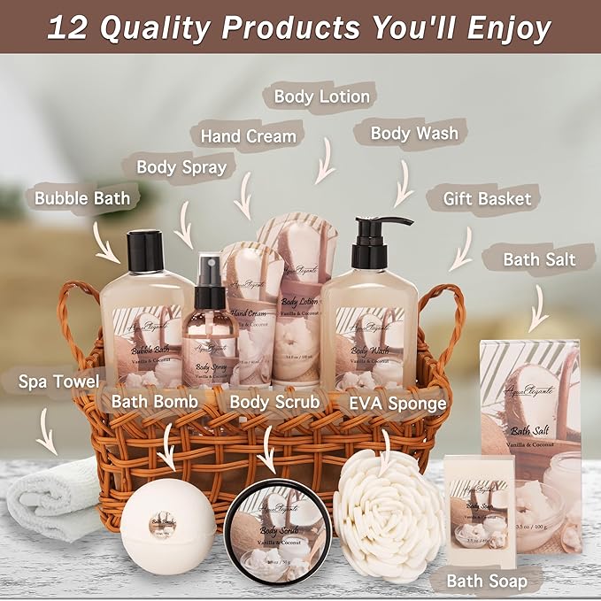 Aqua Elegante Spa Basket For Women - Deluxe Bath Set with Wash, Bubble Bath, Lotion, Salts, Body Scrub, Towel, Shower Puff, Bathbombs, Reusable Basket, Gifts for Mom, Wife, Her - Coconut & Vanilla