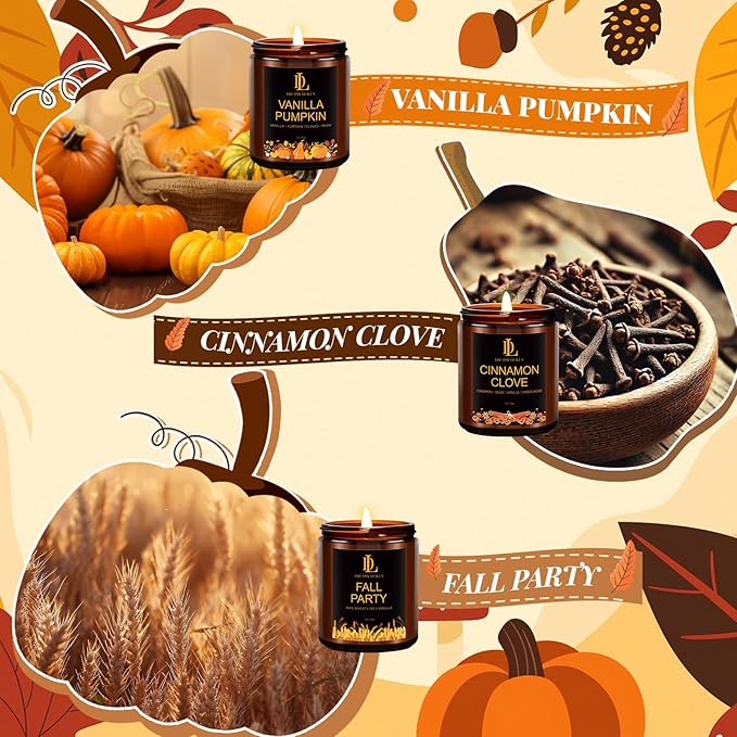 Fall Candles, 6 Pack Soy Candle Set, Scented Candles for Home, Holiday Candle for Women Men, Scents of Sugar Cookies/Vanilla Pumpkin/Cinnamon Clove/Apple Pie/Harvest Spice/Fall Party