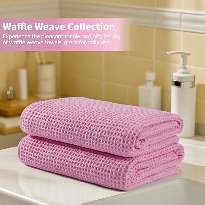 MICROFI New Microfiber Waffle Bath Towels, 2 Pieces, Oversized, Soft, Absorbent, Fast Drying, Lint Free 430 GSM (Pink)