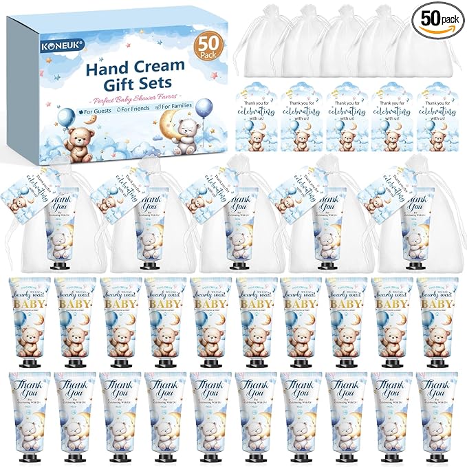 50 Pack Baby Shower Bulk Hand Cream Gifts Sets, Bridal Shower Favors and Baby Shower Favors for Guests with Thank You Card and Organza Gift Bags, Appreciation Gifts and Wedding Shower Favors (Bear)