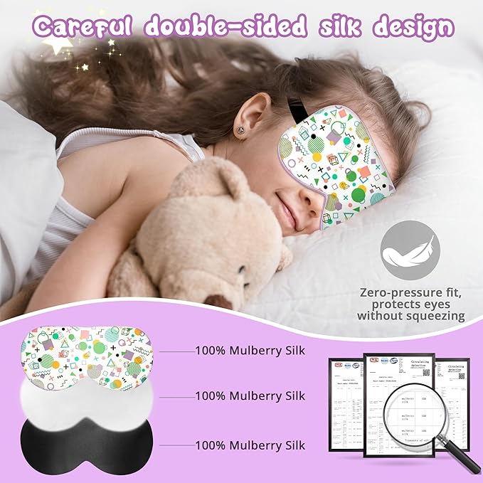 Kids Sleep Mask Eye Cover: 100% Real Natural Pure Silk Eye Mask with Adjustable Strap, Funny Blindfold Kids Eye Mask for Sleeping, Soft & Lightweight Eye Shade for Boys Girls Teens (Memphis Style)