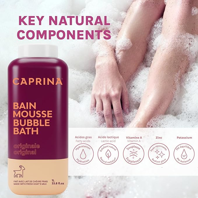 Caprina Fresh Goat’s Milk Bubble Bath, 1L, Hydrating Relaxing Foam Bath, Moisturizing and Gentle on Skin, Made in Canada (Original)
