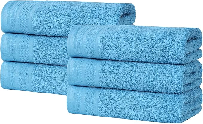 Superior Honeycomb Cotton Medium Weight Towels, for Guest Bath, Master Bathroom, Shower, Kitchen, Quick Dry, Adults, Essentials, Textured Waffle Border, Towel Set, Hand Towels, Set of 6, Azure