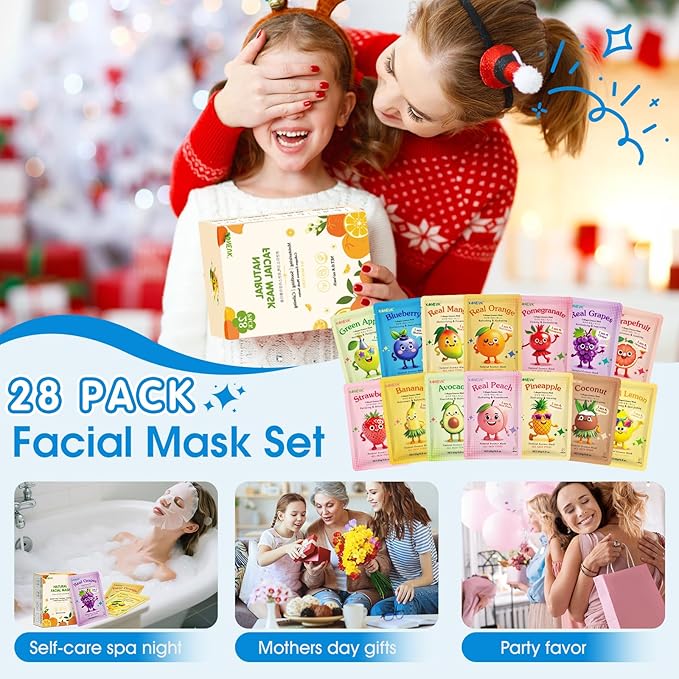 KONEUK 28 Pack Fruit Face Masks Skincare for Kids Girls, Sheet Collagen Face Mask for Women Skin Care, Bulk Hydrating Facial Mask for All Skin Types, Mothers Day Gifts and Party Spa Gifts for Teens