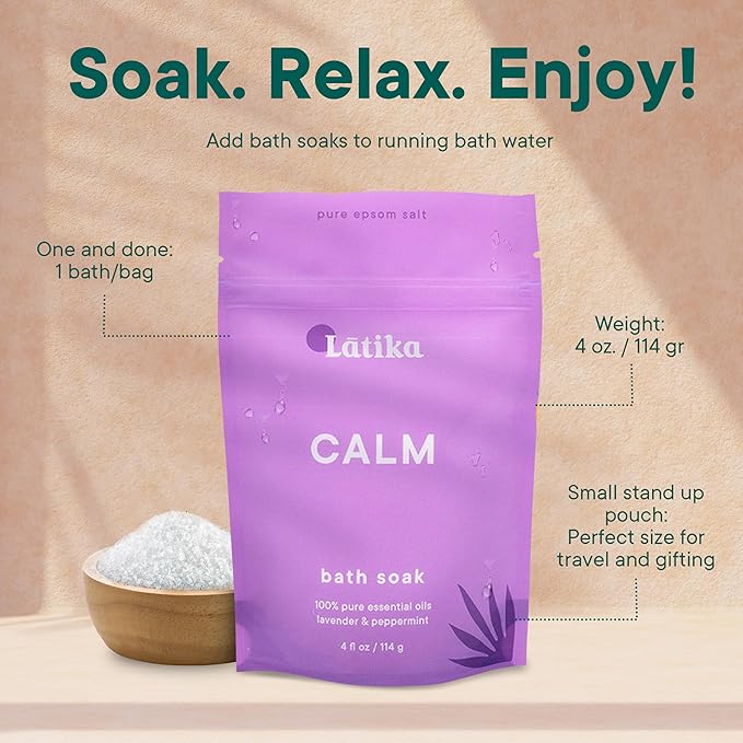 Latika Soaks Set of 3 - Calm Bath Soaks with Lavender & Peppermint, Moisturizing Epsom Salt Soak for Stress Relief, Relaxation, and Skin Nourishment, At-Home Spa Retreat Gift