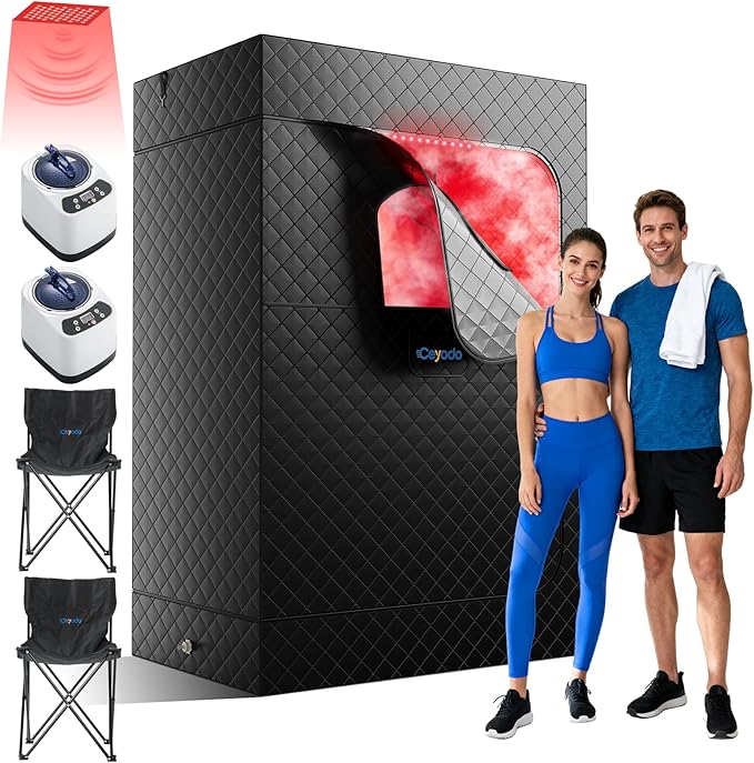 Upgraded 2 Person Infrared Sauna Box, 77”x 37”x 50” Portable Sauna with 660nm Red Light Therapy & 850nm,5-Layer Waterproof, 2 Steamers,2 Folding Chairs for Home Sauna