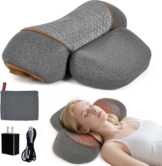 Neck Pillow - 3-in-1 Neck Massage Pillow with Battery for Shoulder Pain Relief, Deep Tissue Pain Relief with Heat and Stretching, Neck Hump Corrector for Women, Travel Pillow