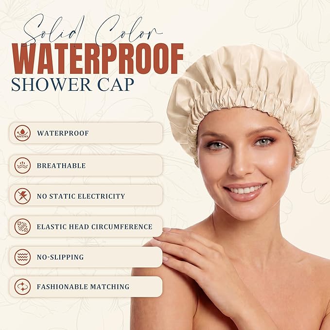Reusable Shower Cap for Women, Large Waterproof Shower Bonnet with Elastic Band, Washable Bath Hair Cap for Long, Curly Hair, Braids, Daily Shower, Home Spa, Travel(Champagne)