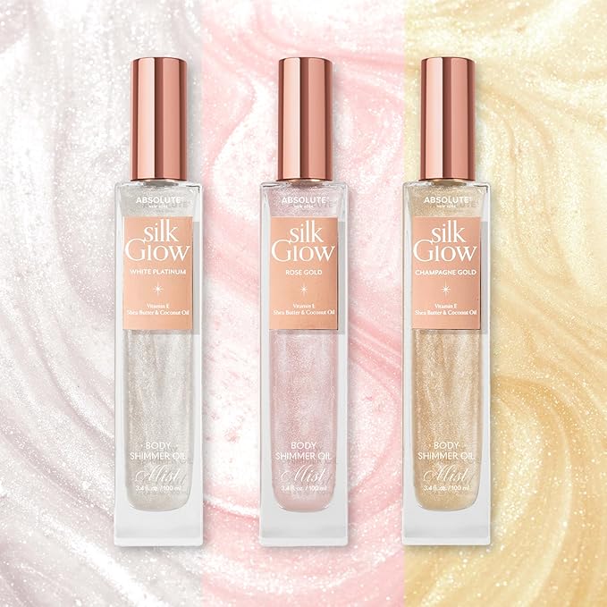 Absolute New York - Silk Glow Shimmer Mist Glow, Radiant, Shimmer Body & Face & Hair, Shea Butter, Coconut Oil, Vitamin E (SBGS01 White Plantinum Mist, 3.4 fl oz)