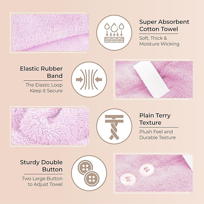 Lili&James 100% Cotton Hair Towel Wrap for Women/Kids | Quick Dry, Soft & Absorbent 420 GSM Hair Wrap Towels with Double Button | Anti Frizz, Non Microfiber Hair Turbans for Curly, Long Hair (Lilac)