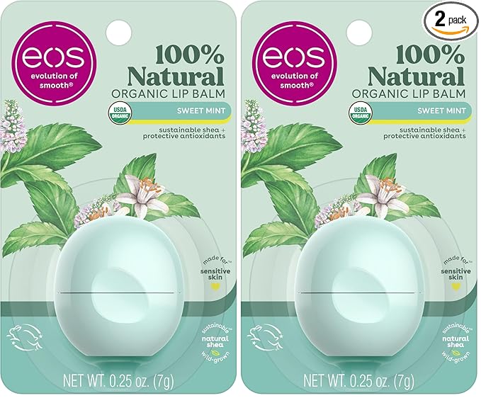 eos 100% Natural & Organic Lip Balm - Sweet Mint, All-Day Moisture, Dermatologist Recommended for Sensitive Skin Care, Lip Care Products, 0.25 oz (Pack of 2)