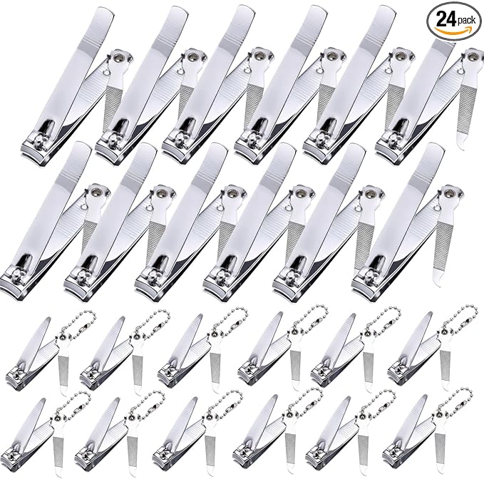 Bememo 24 Pcs Stainless Nail Clippers Set 2 Sizes Fingernail and Toenail Clippers with Chain Nail Cutter Tool Set Portable Travel Manicure Kit for Men Women Homeless Care Package Supplies(Silver)