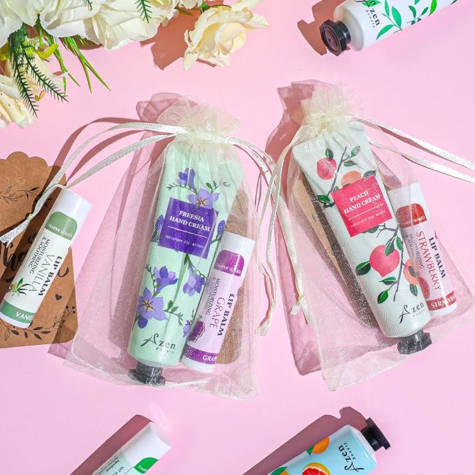 AZEN 8 Sets Bulk Gifts, Hand Cream and Lip Balm Bulk Set with Organza Bag Thank You Card, Baby Shower Wedding Gift for Guests, Bridal Wedding Favors for Guests, Mothers Day Gifts Stocking Stuffers