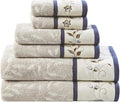 Madison Park Serene 100% Cotton Bath Towel Set Luxurious Floral Decorative Towels for Bathroom Embroidered Cotton Jacquard Design Soft Highly Absorbent for Shower 600 GSM, Multi-Sizes, Navy 6 Piece