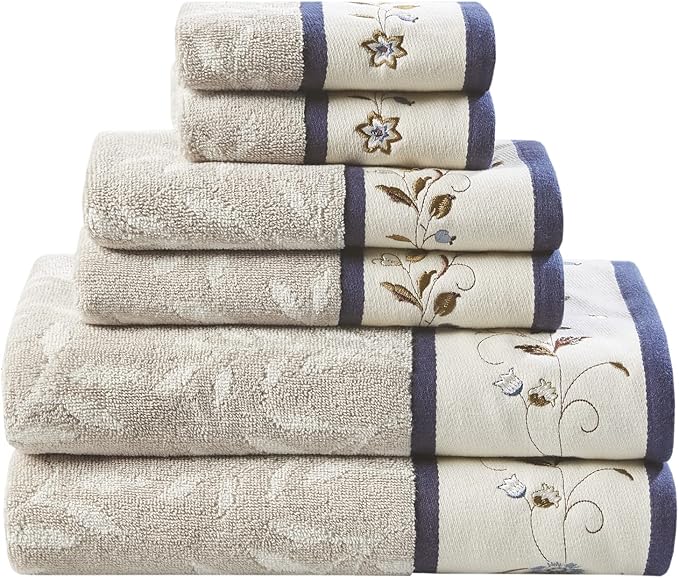 Madison Park Serene 100% Cotton Bath Towel Set Luxurious Floral Decorative Towels for Bathroom Embroidered Cotton Jacquard Design Soft Highly Absorbent for Shower 600 GSM, Multi-Sizes, Navy 6 Piece