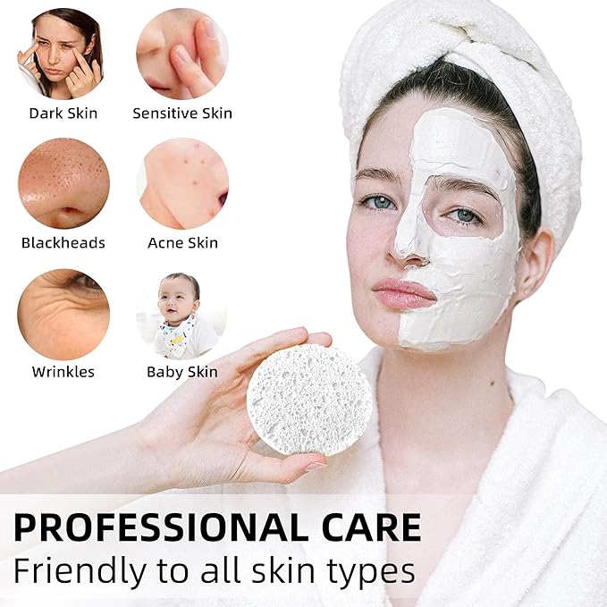60-Count Compressed Facial Sponges|100% Natural Kickleen Cellulose Cosmetic Spa Sponges for Daily Facial Cleansing|Makeup and Mask Removal | Exfoliating | Skin Massage | Pore Exfoliation(White)
