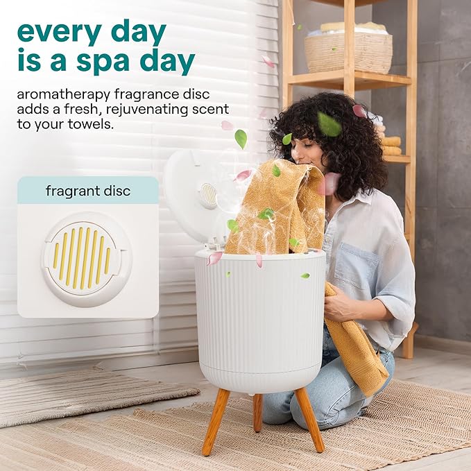 SereneLife Freestanding Towel Warmer Bucket – 18" Hot Towel Warmer with Legs for Bathroom & Spa, 12L Capacity, Built-In Timer, Aroma Discs & LED Indicator, Fits One Towel or Robe, Gray