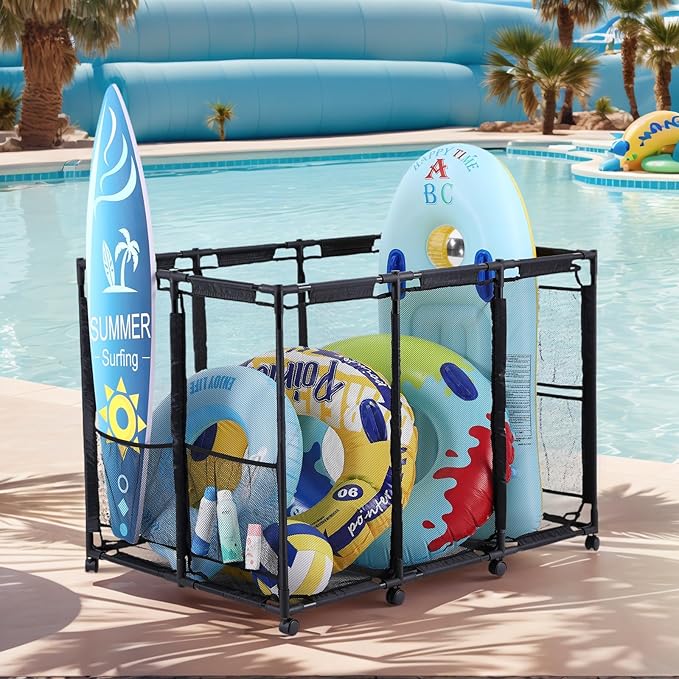 Tiita Pool Storage Bin, Rolling Pool Toy Storage Organizer,Parts & Accessories，Pool & Spa Replacement Parts（Black）