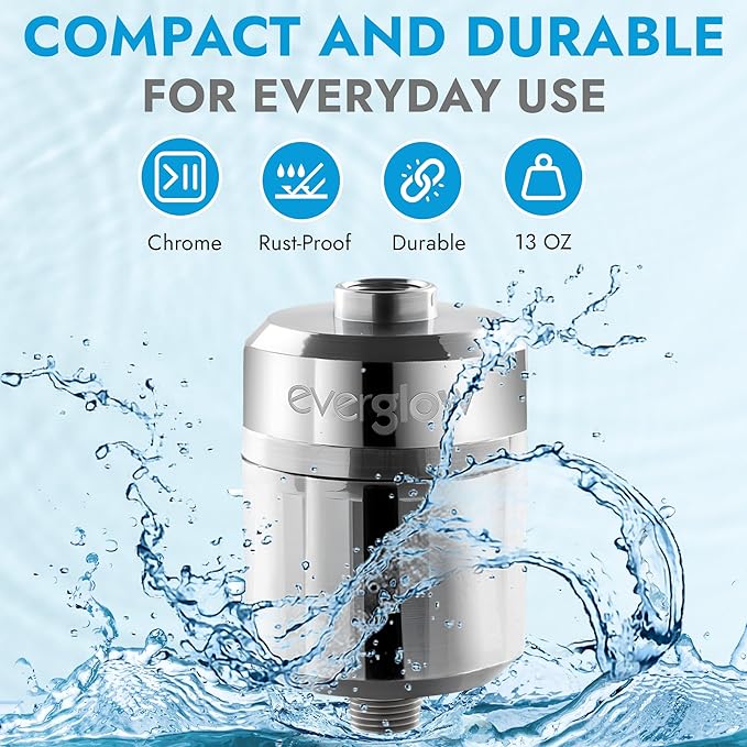 EVERGLOW High-Output Shower Filter, Reduces Chlorine, Dry Skin, Dandruff, Eczema, Heavy Metals and Vitamin C Infused for Dandruff and Softens Hard Water, 4.7”, Chrome