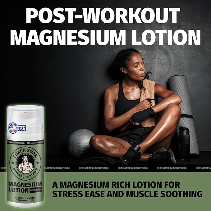 Coach Soak Magnesium Lotion with MSM - Magnesium Chloride & Menthol - Non-Greasy Alternative to Epsom Salt Lotion and Cream - Apply Before Sleep for Feet, Leg Cramps & Body - Eucalyptus 3.4oz