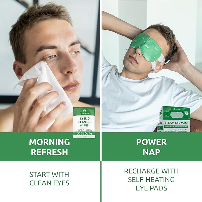SaluVera Steam Eye Mask for Dry Eyes with 5 Eyelid Cleansing Wipes, Self Heating Eye Compress for Dry Eyes, Soothe and Relax with 40-50 min Spa Eye Mask, Self Warming Eye Masks for Well-Being 16 pcs