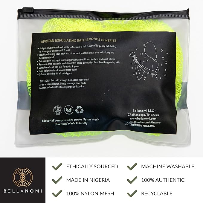 Bellanomi African Exfoliating Net Sponge - Authentic/Ethically Sourced from Nigeria / 45 inch Long (Keylime)