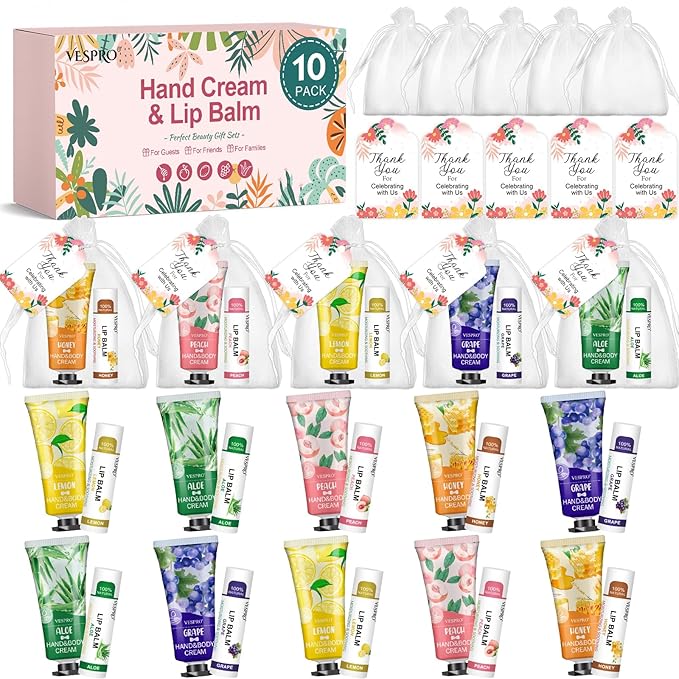 VESPRO 10 Pack Bulk Hand Cream and Lip Balm Sets, Mothers Day Gifts for Mom, Teacher Appreciation Gifts, Nurses Week Gifts, Thank You Gifts and Birthday Gifts with Thank Card Organza Bags