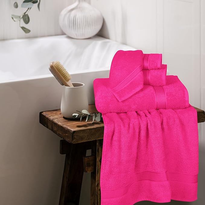 Elvana Home Ultra Soft 6 Pack Cotton Towel Set, Contains 2 Bath Towels 28x55 inch, 2 Hand Towels 16x24 inch & 2 Wash Coths 12x12 inch, Ideal Everyday use, Compact & Lightweight - Hot Pink