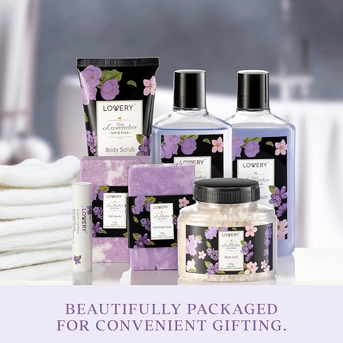Mothers Day Gifts for Mom, Lavender & Lilac Spa Gift Basket For Women & Men, Handmade Soap, Potpourri, Bath Bomb, Jojoba Oil, Organic Lip Balm & More - Stress Relief Set, Bath & Body Self Care Package