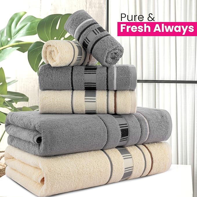 CASA COPENHAGEN X Line 6Pcs 100% Egyptian Cotton Large Designer Towels Gift Set- Grey - Cream, 600 GSM, 2Bath 2Hand 2Washcloths, Bath Towels for Bathroom Set for Women & Men