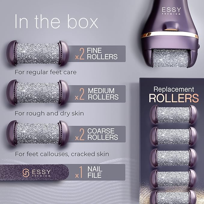 Essy Electric Foot File Hard Skin Remover with 5 Replacement Rollers Foot File Electric Pedicure Sets Cutters Accessories for Dry Dead Hard Skin Feet Callus Remover for Feet Care Exfoliator (Purple)