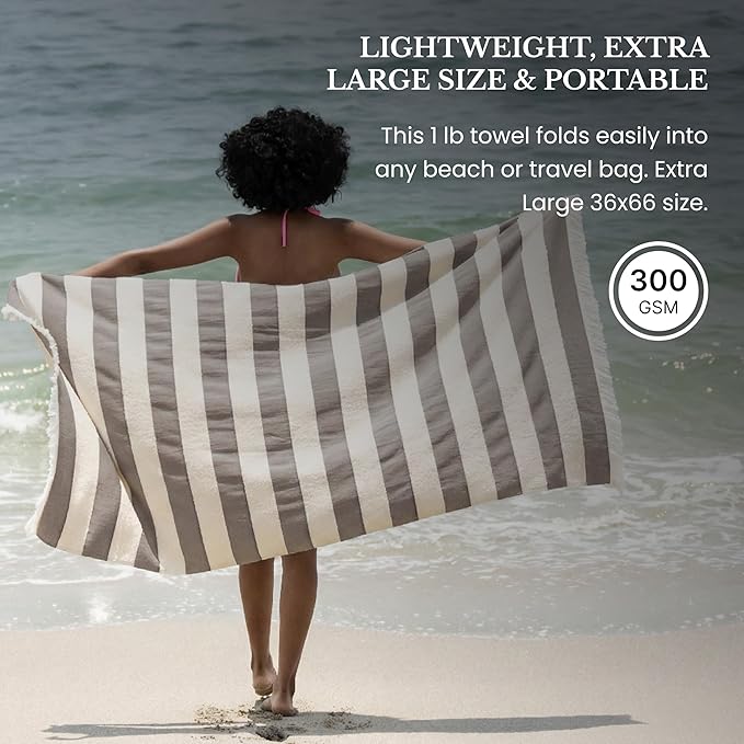 Lightweight Turkish Beach Towel - 100% BCI Cotton, Unbleached Raw Fringe, Oeko-TEX Certified, Absorbent, Eco-Friendly, 36x66”, Brown & Natural Stripes, Portable Sarong Blanket for Pool, Travel