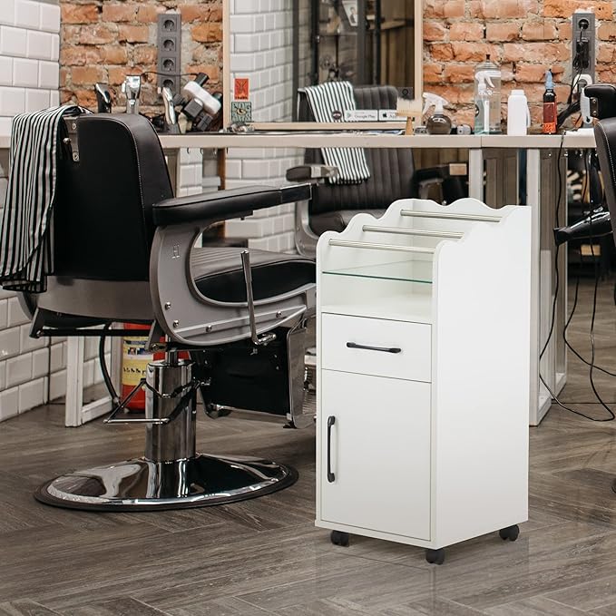BarberPub Salon Cart with Storage Cabinet with Engineered Wood, Rolling Salon Cart for Hair Stylist Barber Trolley with Wheels Beauty Organizer 2013 (White)