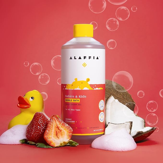 Alaffia Babies & Kids Bubble Bath, Coconut Strawberry 2-Pack – Gentle Tear-Free Formula for Sensitive Skin Care, Baby Essentials, 16 Fl Oz Ea