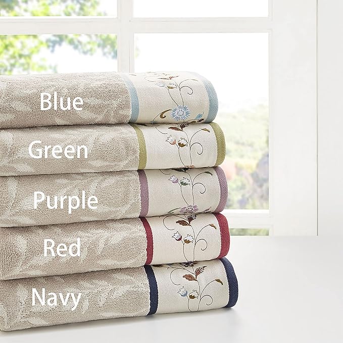 Madison Park Serene 100% Cotton Bath Towel Set Luxurious Floral Decorative Towels for Bathroom Embroidered Cotton Jacquard Design Soft Highly Absorbent for Shower 600 GSM, Multi-Sizes, Red 6 Piece