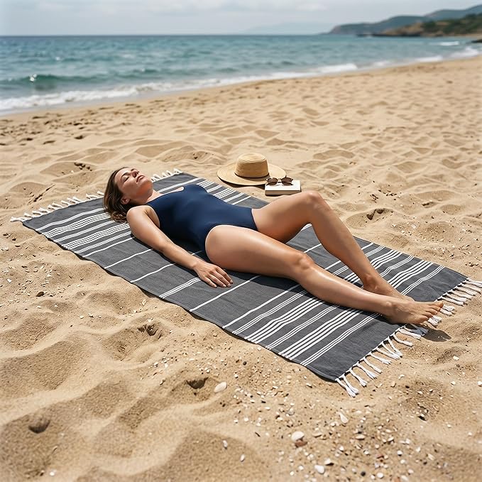 EPHESUS TOWELS Turkish Beach Towel - 38x70 inch Oversized - Sultan Design - Turkish Towel for Beach, Bath, Pool, Gym, Yoga - Prewashed, Lightweight, Quick Dry (Deep Anthracite, Sultan)