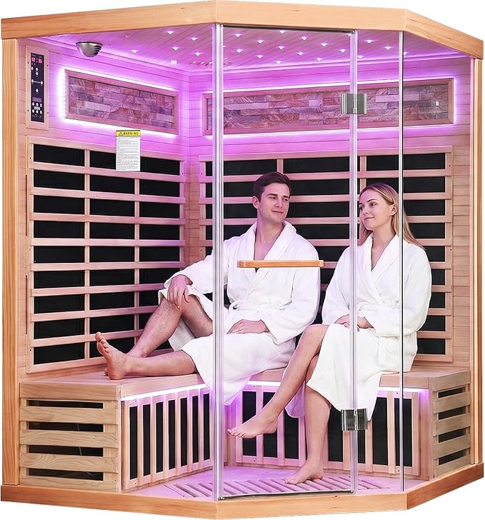 OUTEXER Sauna Corner Saunas for 4-5 Person 240V Home Indoor Canadian Hemlock Far Infrared Saunas 2595W Low-EMF Dry Saunas with 7 Color Starry Sky Ceiling Light Therapy 59 * 59 * 74.8inch