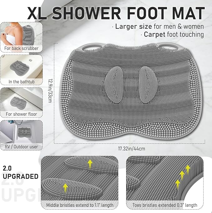 Shower Foot Scrubber Mat XL, Silicone Feet Toes Massage Cleaner -Upgraded Long Brush Pad Without Bending Non-Slip Suction Cups for Foot Bath Bathtub Exfoliate Smooth Skin 17.4x13 Grey