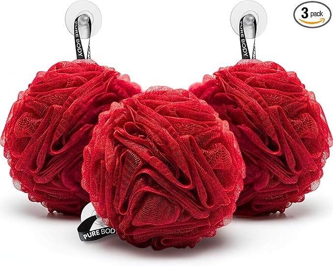 Large Bath Sponge Pack of 3 – Soft 70G Mesh Loofahs with Suction Cup (Dark Red): Gentle Exfoliation for All Skin Types, Rich Lather Poufs for Daily Shower Use