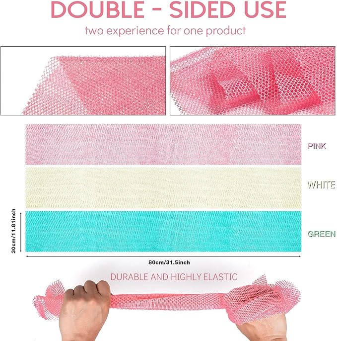 UJFQBH 3 Pieces African Net Sponge, African exfoliating net African Net Long Net Bath Sponge Exfoliating Shower Body Scrubber Back Scrubber Skin Smoother（Pink, Green, Off-White）