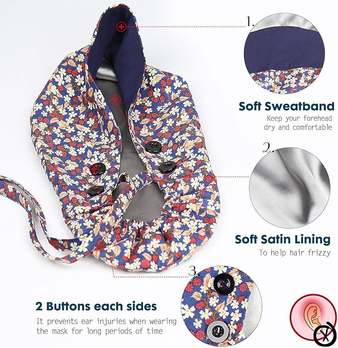 Satin Lined Scrub Caps with Buttons & Sweathand, Surgical Caps for Women