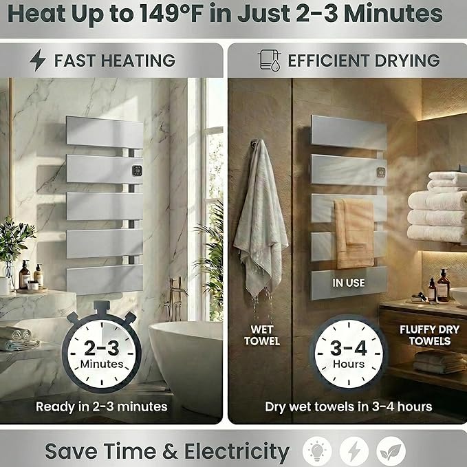 Electric Towel Warmer, Heated Towel Rack with Thermo Control and Timer, Fast Heating Towel Rail for Bathroom with Memroy Function, Work with Smart Plug, Right-Wiring, 5 Panel, Silver