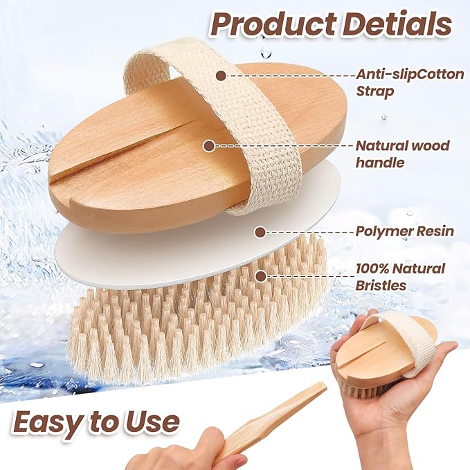 Wood Body Brush Set,19.3’’ Long Handle Bath Body Back Scrubber Soft & Stiff Bristles Detachable 2 Brush Heads Gentle Exfoliator Remove for Wet & Dry Use