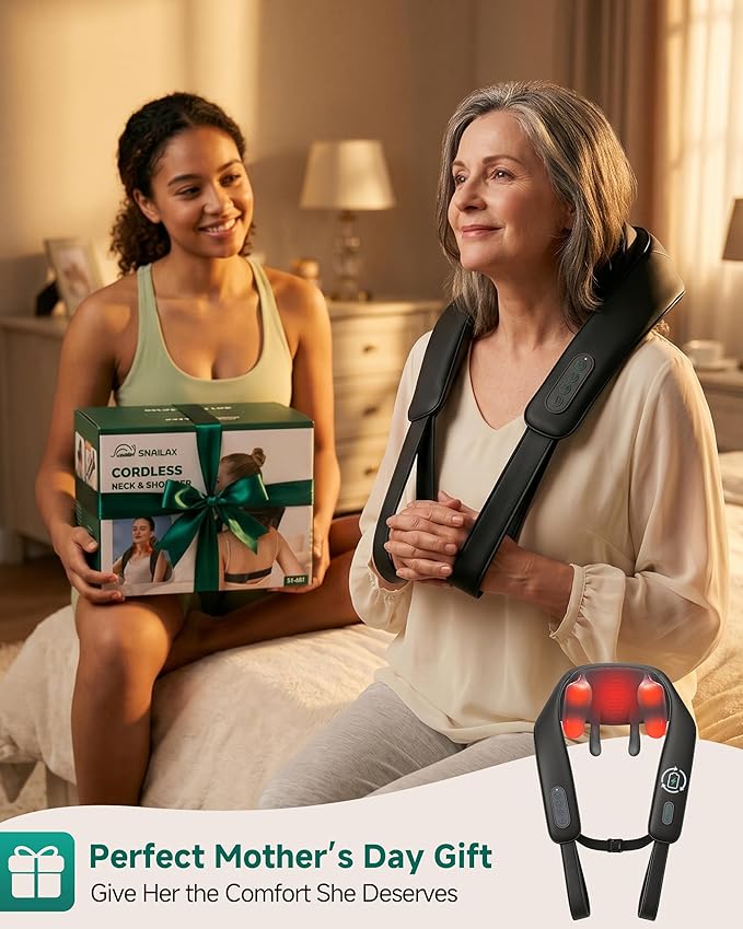 Snailax Cordless Neck Massager with Heat for Pain Relief Deep Tissue, 4D Kneading, Mothers Day Gifts, Rechargeable Shiatsu Back Neck Massager for Neck, Shoulders Back