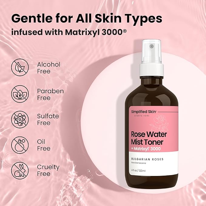 Rose Water Spray for Face with Matrixyl 3000, Glycerin & Aloe Vera - Rosewater Face Mist & Toner - Hydrates, Reduces Fine Lines & Boosts Collagen Production - 4 Fl Oz