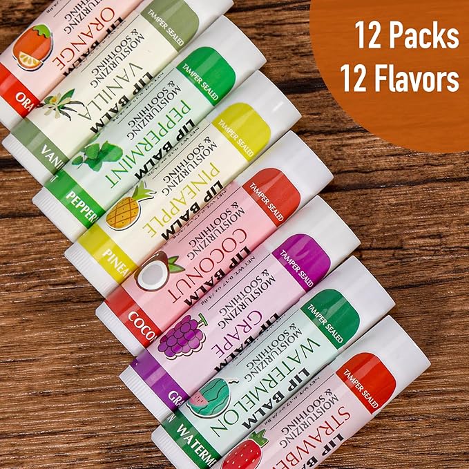 AZEN 12 Pack Lip Balm Bulk, Moisturizing Lip Balms for dry cracked lips, Mothers Day Gifts Easter Basket Stuffers - 12 Flavors