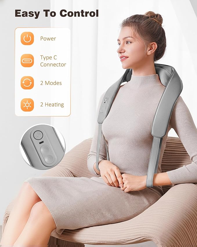 KNQZE Neck and Shoulder Massager with Heat, Cordless Back and Neck Massager, Upgraded Graphene Heating, 4D Shiatsu Deep Kneading Massage for Shoulder, Back Pain Relief (Gray)