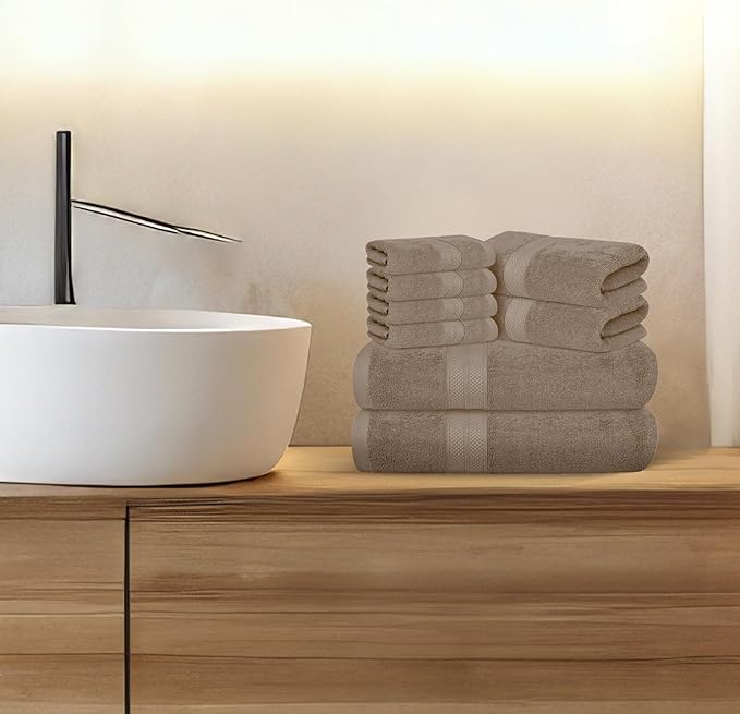 Avalon Towels Luxury 8 Piece Beige Towels Set, 2 Bath Towels, 2 Hand Towels and 4 Washcloths, 600 GSM 100% Ring Spun Cotton Highly Absorbent Beige Bathroom Towels, Ideal for Hotel, Spa and Gym