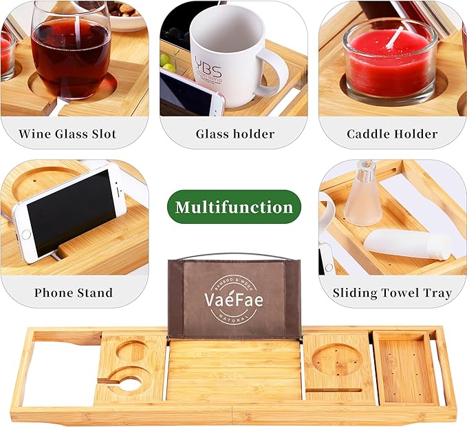 VaeFae Bamboo Bathtub Caddy Tray, Expandable Bath Tray for Tub with Upgraded Wine Slots and Book Holder - Ideal for One or Two Person Use